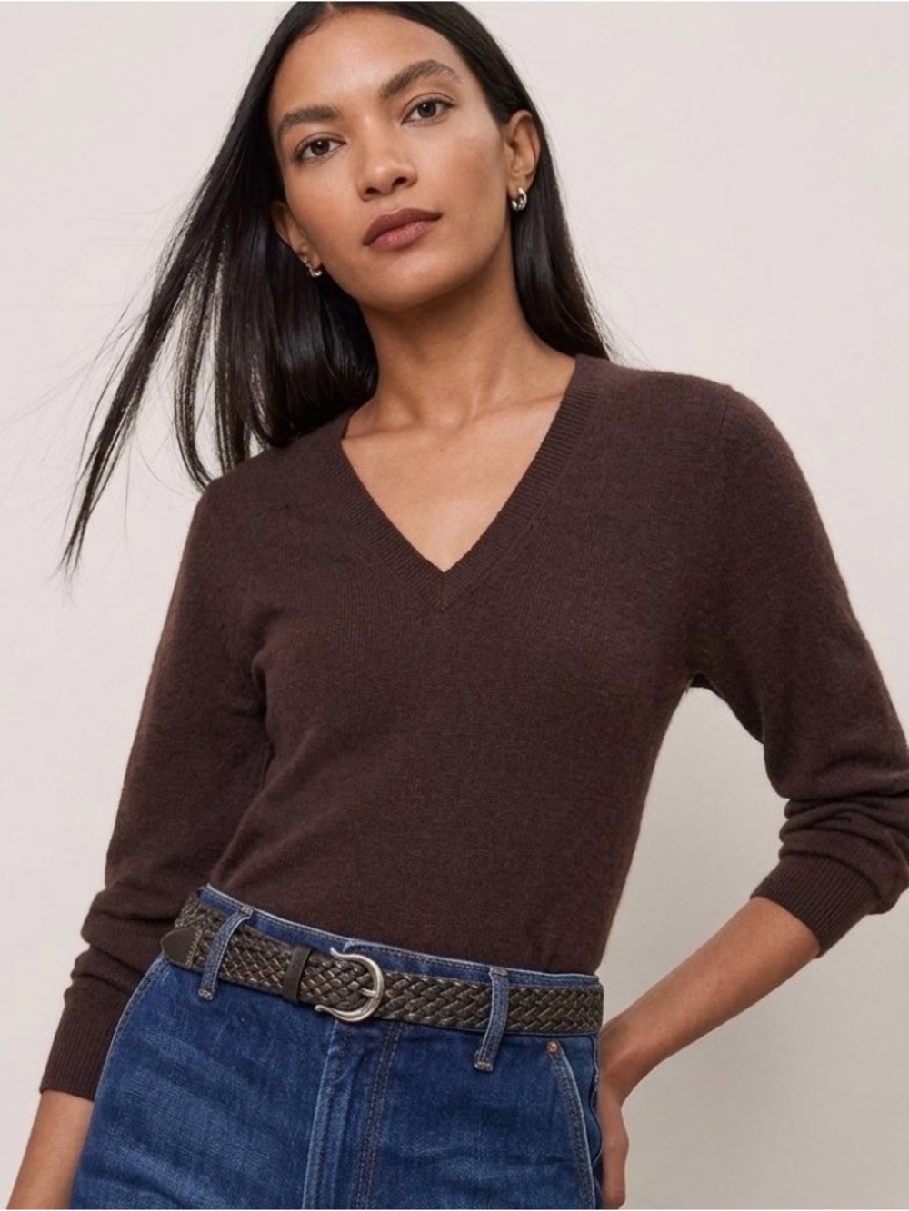 Ann Taylor 100% Casmere Chocolate Brown V-Neck Sweater, Medium, wardrobe, staple